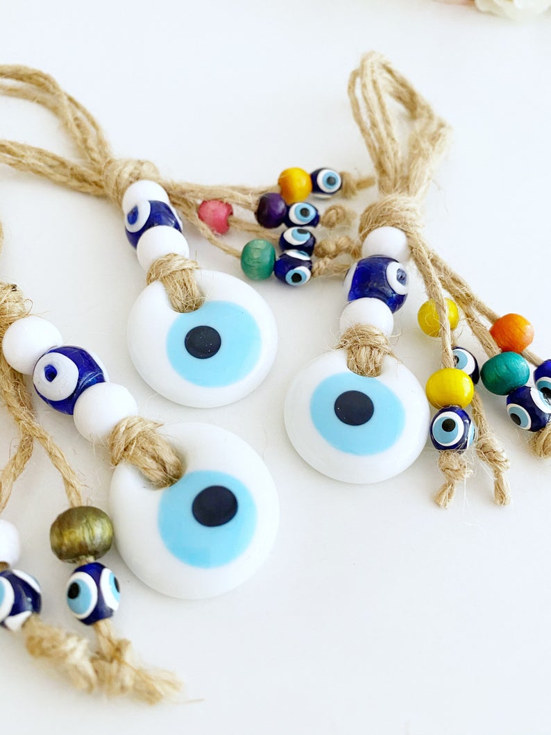 Tiny Evil Eye Wall Hanging, Blue White Evil Eye Bead, Evil Eye Home Decor