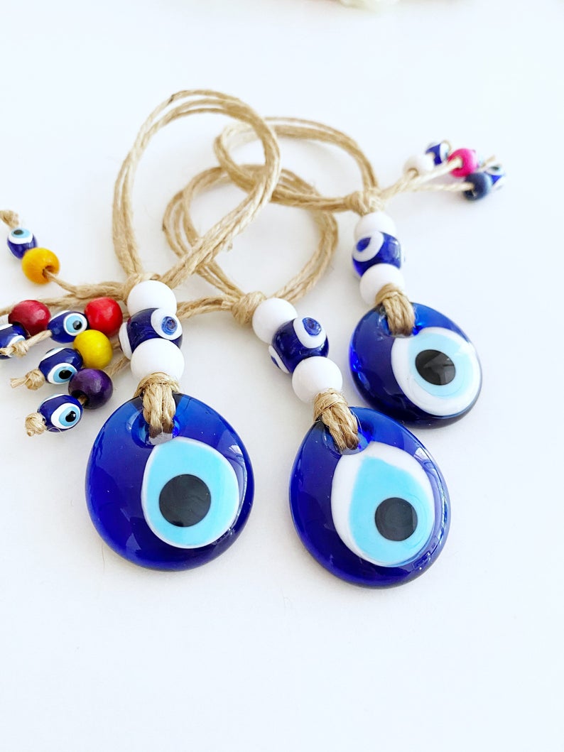 Tiny Evil Eye Wall Hanging, Blue White Evil Eye Bead, Evil Eye Home Decor
