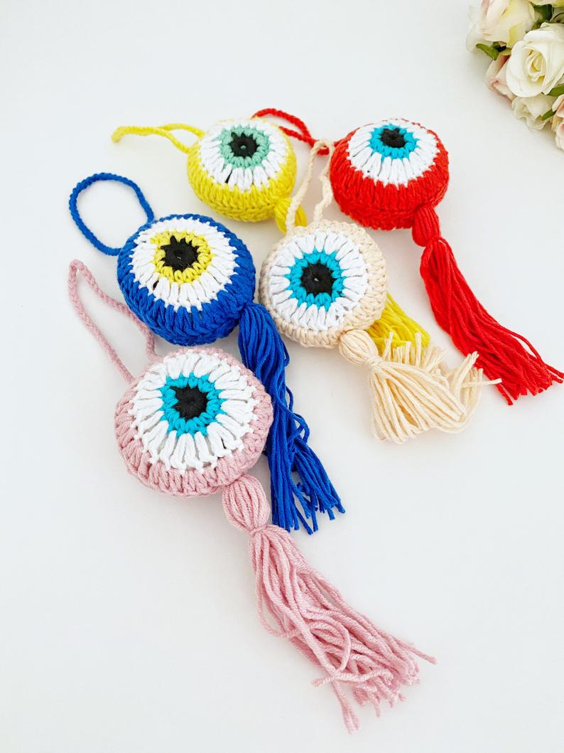 Handmade Evil Eye, Evil Eye Wall Hanging, Evil Eye Car Charm, Knitting Evil Eye